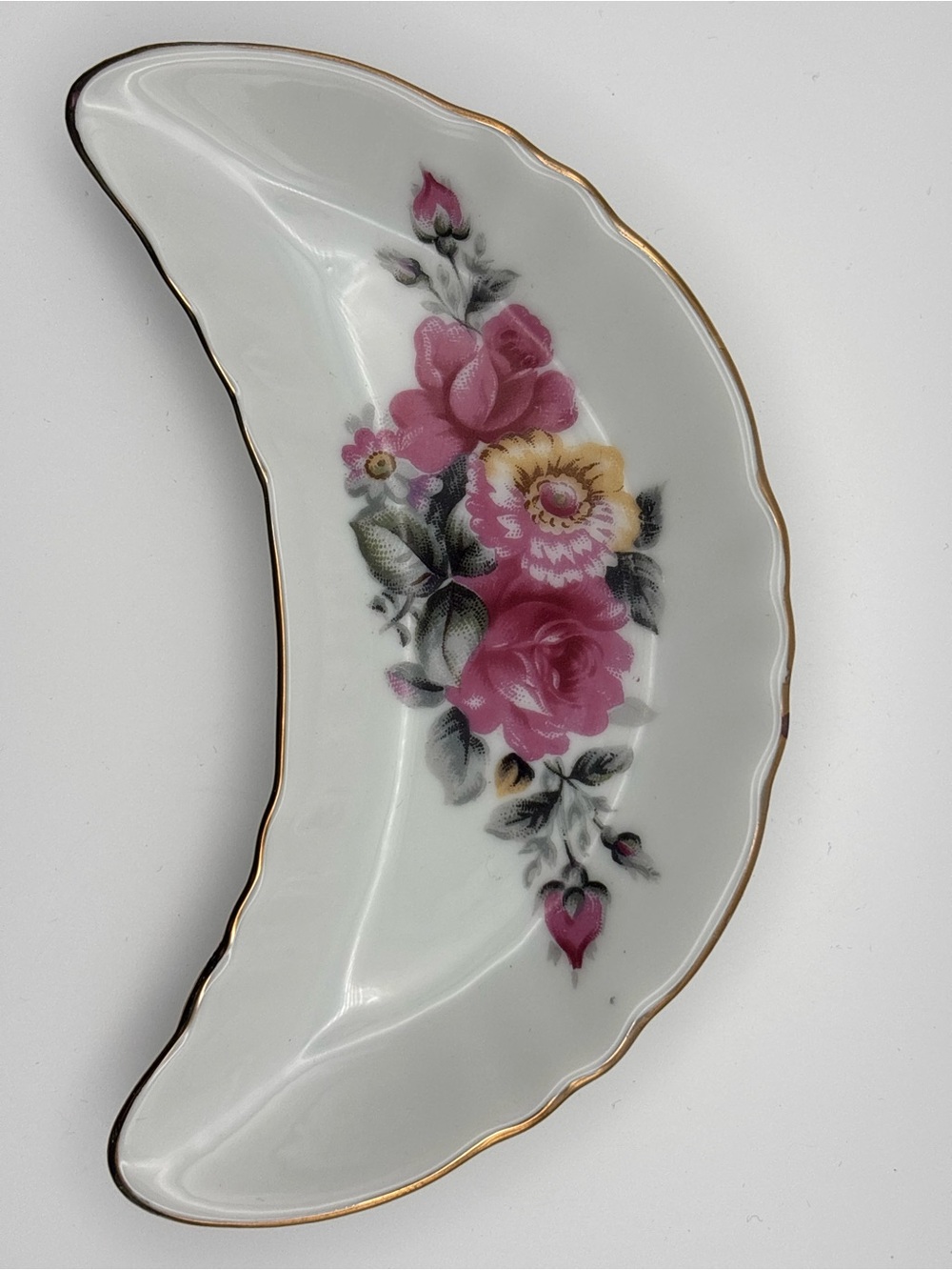 Vintage Crescent Moon Shaped Porcelain Jewelry Dish Floral Design & Gold Rim - Picture 2 of 6